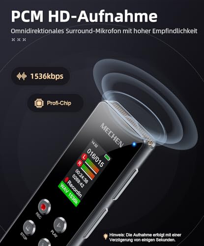 MECHEN 128GB Diktiergerät Digital, One-Touch-Aufnahme, Sprachsteuerung, 1536kbps Tragbares Voice Recorder mit Mikrofon, USB C, für Interviews/Klassen/Meeting (V01)