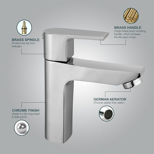 Image of Waterman Leo Pillar Tap for Wash Basin and Sink Table Top Brass Chrome Finish Bathroom Spout Kitchen Faucet Foam Flow Aerator Water Taps (Pack of 2)