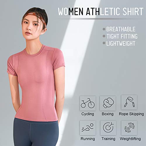 yeacher Camiseta feminina de compressão de manga curta elástica de ajuste fino Top de treino atlétic
