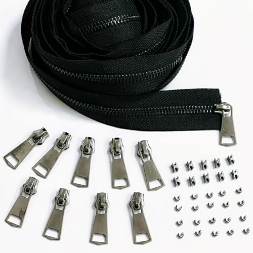 #5 Black & White Heavy Duty Metal Zipper by The Yard - 5 Yard Complete DIY Sewing Kit with 10 Sliders, 20 Top Stops, 10 Bottom Stops for Jackets, Bags, Apparel, Crafts, Costumes(Black/Black Teeth)