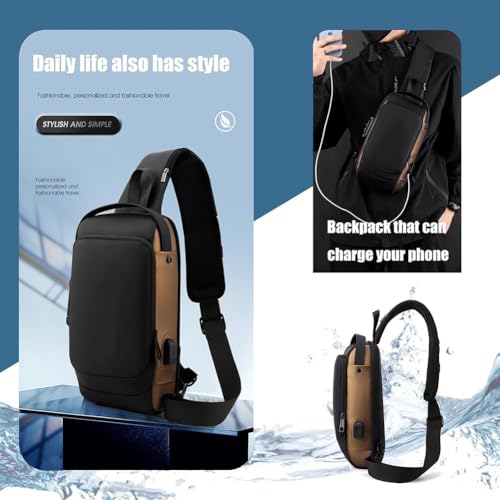 Carbon Fiber Streamline Anti-Theft Sling Bag, USB Charging Sport Sling,Waterproof Shoulder Backpack. (gold)3