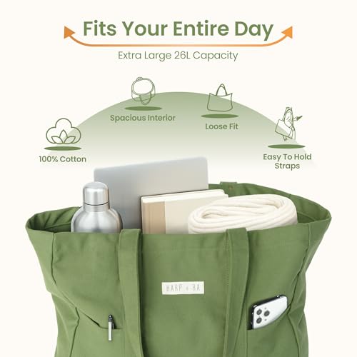 26L Harp + Ra Unstructured Extra Large Canvas Tote Bag for Women, Open Top, No Zipper, Laptop Sleeve, 3 Pockets, 23x14x7 in - Image 6