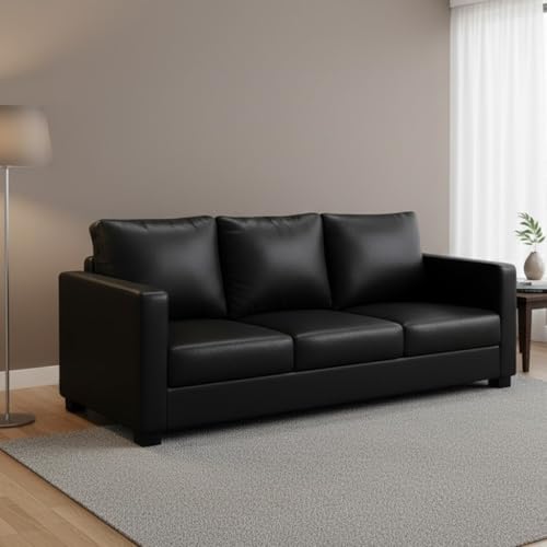 Image of FURNY Haster 3 Seater Leatherette Sofa (Black) Premium Finish | Durable & Comfortable | Ideal for Living Room