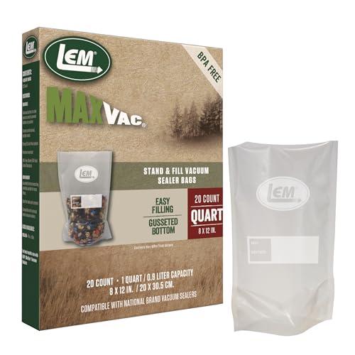 LEM Products MaxVac Stand & Fill Vacuum Sealer Bags BPA-Free Puncture-Resistant 8 x 12 Inches 20 Count