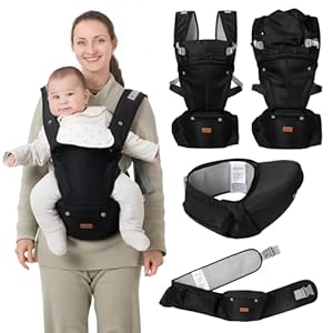BabbleRoo 6-in-1 Baby Carrier with Hip Seat, Ergonomic, Cozy & Adjustable Toddler Carrier 7-50 lbs with Hip & Lumbar Support, Hood for Sun Protection, Baby Carrier Newborn to Toddler, Black