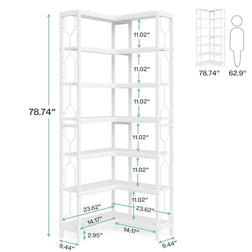 Image of Tribesigns Corner Shelf, 7-Tier Industrial Corner Bookshelf, Wood and Metal Corner Etagere Bookcase, Freestanding Display Shelf for Living Room, Kitchen, Home Office, White