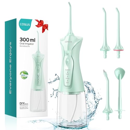 COSLUS Water Teeth Flosser Picks: 4 Modes Cordless Irrigator 300ML Portable Electric Flossing Machinerie for Teeth Cleaning Rechargeable Waterproof Tooth Pick Set Cleaner for Travel Home C30(FC5360)