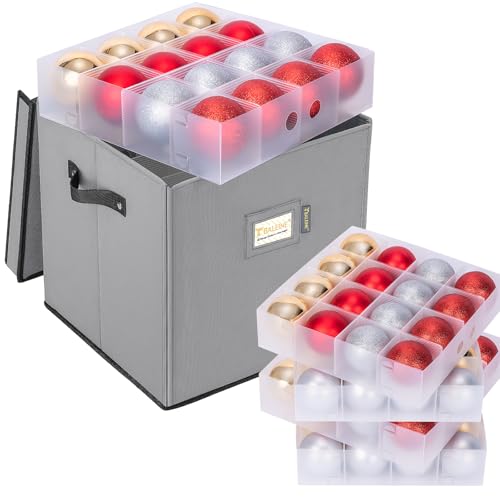 BALEINE Christmas Ornament Storage Box with Dividers, Premium Holiday Ornaments Storage Container Bin for Xmas Decorations (64 Ball, Grey, Hard)