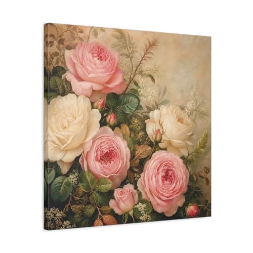 Tableau fleurs roses vintage grand format 60x60 pour décoration murale