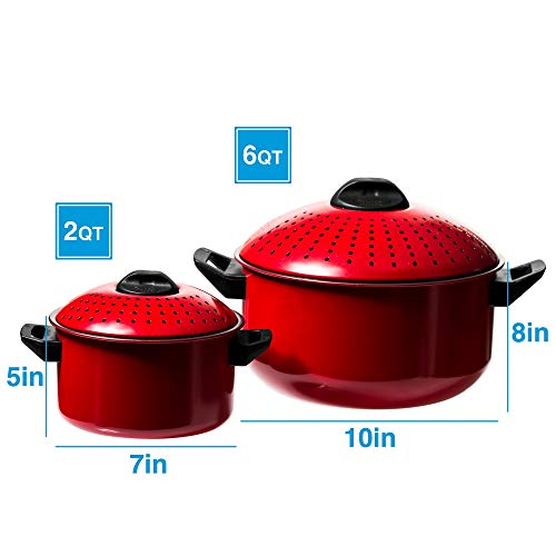 Imperial Home 2 Pc Pasta Pot With Locking Strainer Lid, Kitchen Set, Cooking Pot With Handle & Pasta Strainer, Nonstick Cookware, Red Stock Pot Or Pasta Cooker Set, 2 Qt & 6 Qt, Red Color #TOP2