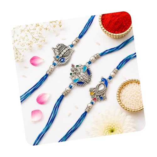 Image of eCraftIndia White Red Golden Set of 3 Pearl Rakhi for Brother with Roli Chawal Pack