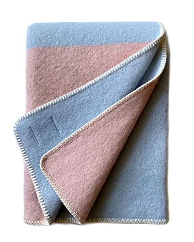 JOWOLLINA Wendedecke Plaid aus norwegischer Wolle 140 x 205cm Tricolor Square (Rosa-blau)