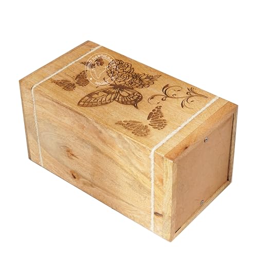 Image of Floral Engraved Wooden Urn for Human Ashes Adult - 250 Cu in Large Cremation Urn Box - Butterfly Design Funeral Memorial Urn - Solid Hardwood Burial Urn for Home or Columbarium