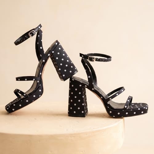 Image of MIRAAZZURRA Platform Strappy Heel Sandals Square Open Toe Two Strap Chunky High Heeled Sandals with Buckle Ankle Strap for Women Party Wedding Dress