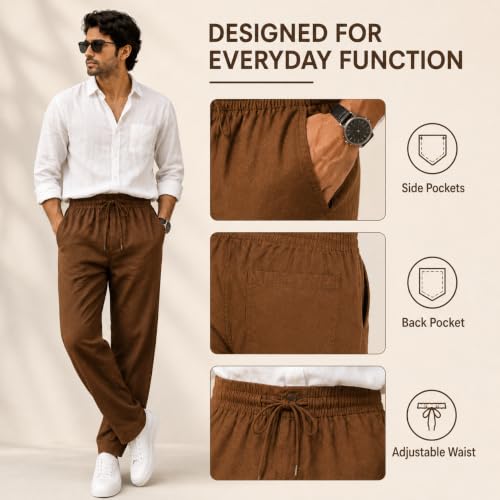 Image of Linen Pants for man || Relaxed Fit Casual Trousers for Men || Men's Lightweight Breathable Pants || Elastic Waist with Drawstring || All Season Pant for Regular, Travel & Office Wear