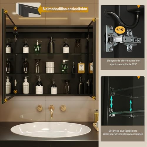 Miniatura 4 de Kww Led Ilumina El Botiquín Del Baño, Con Espejo, Temperatura De Color Ajustable, Luz Antiniebla, Enchufe Y Usb, Fácil De Instalar, Botiquín Montado En La Pared 2 Puertas-80 70