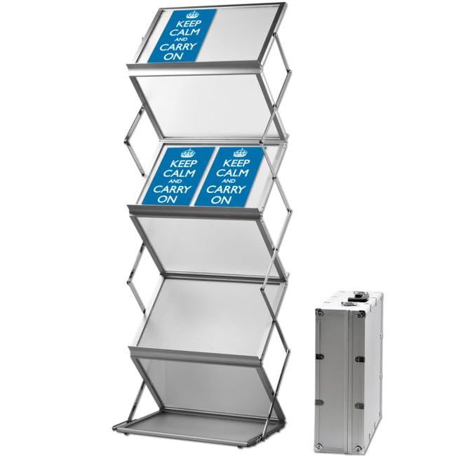 Prospektständer FALTBAR 6 x DIN A3 aus ALU/ACRYL. Inkl. ALU-TRANSPORTKOFFER. Bodenprospektständer Falt-Prospektständer silber Hochformat