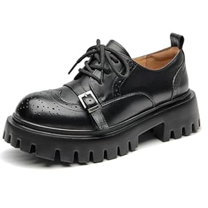 BEAU TODAY Brogue Oxfords Women Platform Chunky Oxford Lace Up Wingtip Round Toe Buckle Strap Leather Derby Shoes Black-D Size 8.5