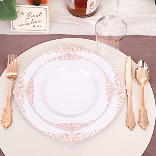 Hioasis 350Pcs Rose Gold Plastic Plates & Rose Gold Disposable Plates Include 50Dinner Plates 50Dessert Plates 50 Rolled Napkins With Rose Gold Cutlery 50Cups For Weddings & Parties #TOP6