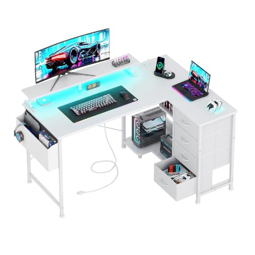 Image of VERMESS 47 inch Reversible L Shaped Gaming Computer Desk, Corner Desk with Power Outlets & Monitor Stand, Writing Study Table with 4 Storage Drawers, Desk with LED Lights, White