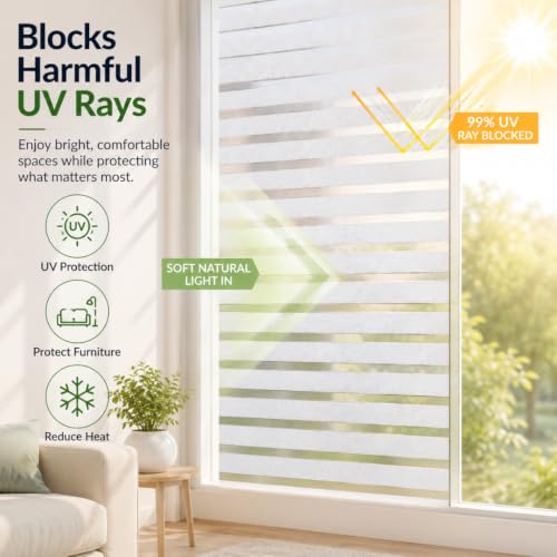 Image of Self Adhesive Window Privacy Film for Glass Windows & Doors | UV Blocking, Heat & Glare Reduction | Decorative Frosted Glass Film Easy to Apply (Frosted White Stripe, 24X100 Inch)