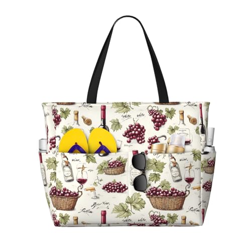 Large Beach Bags for Women Sandproof - Wine Grapes Print Summer Work Travel Tote Bags with Zipper
