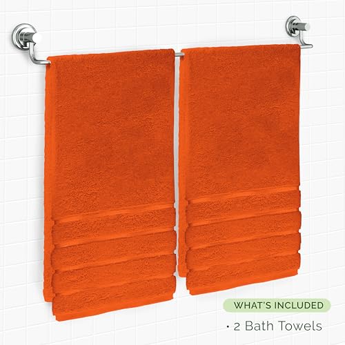 Image of Elegant Comfort 100% Turkish Cotton 4 Lines Viscose Stripe Luxury 2 Pack Bath Towel Set 27 x 54 Inch - Super Soft and Highly Absorbent Premium Hotel Spa Quality Towels for Bathroom Use, Orange