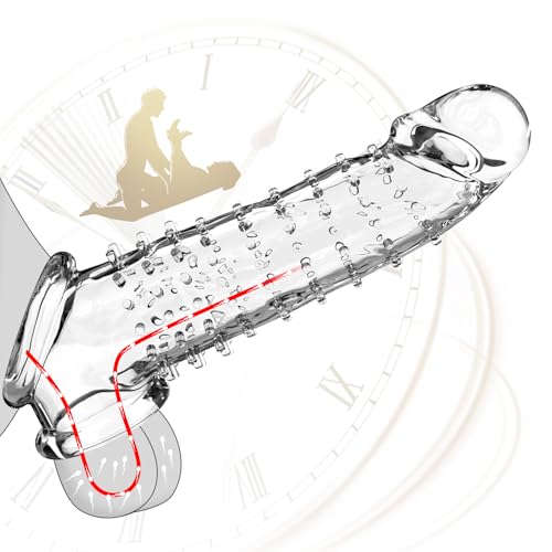 Textured Penis Sleeve with Cock Ring - Clear Reusable Cock Sleeve Penis Extender with Studded Stimulation for Added Length & Girth, Stable Fit Stays in Place, Sex Toys for Men & Couples