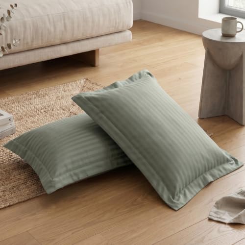 Image of Home Sizzler 210TC Satin Stripe Microfibre King Size Pillow Covers (18 X 27 Inches) - Sage Green, Set of 2