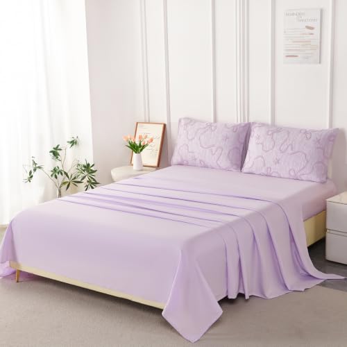 Image of PERFEMET Twin Comforter Set for Girls Purple, 5 Pieces Elegant Embossed Bow Bedding Twin Bed in a Bag Set, Soft Cute Bowknot Jacquard Comforter with Sheet Sets for All Seasons