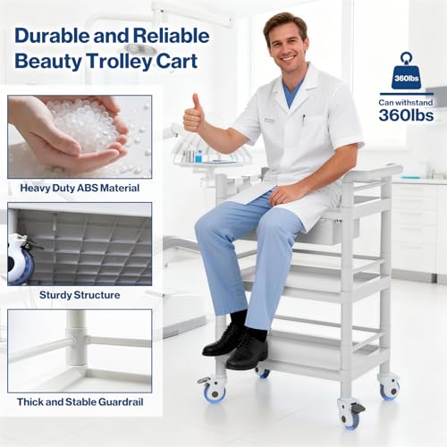 Medical Mobile Trolley Cart 3 Tier 500 Lbs Spacious Beauty Salon Rolling Trolley with Dirt Buckets Drawers 360°Rotate Wheels Heavy Duty Medical Utility Cart for Hospital Dental Clinic - Thumbnail 5