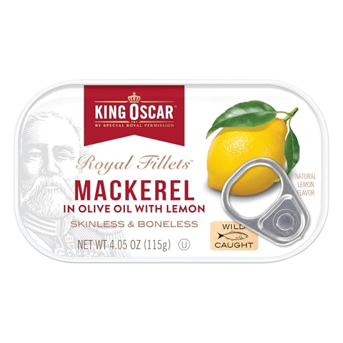 Image of King Oscar Mackerel in Olive Oil with Lemon, 4.05 Ounce Cans (Pack of 12), Skinless & Boneless, Wild Caught Canned Mackerel (Packaging May Vary)