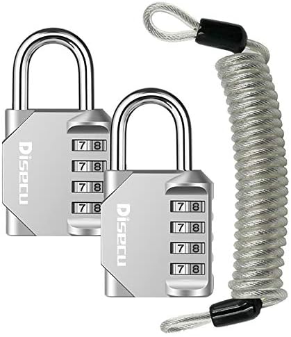 Disecu 4 Digit Combination Lock Outdoor Waterproof Padlock with Steel Cable for Gym Locker, Sports Locker, Helmet, Gate, Fence, Luggage, Bike (Silver, Pack of 2 Padlocks)