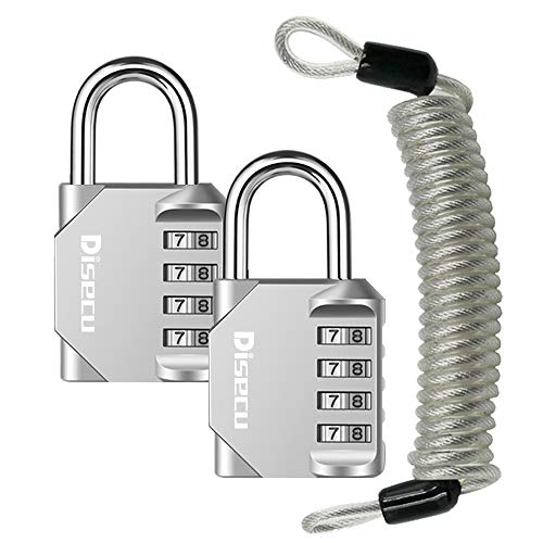 Disecu 4 Digit Combination Lock Outdoor Waterproof Padlock With Steel Cable For Gym Locker, Sports Locker, Helmet, Gate, Fence, Luggage, Bike (Silver, Pack Of 2 Padlocks) #TOP3