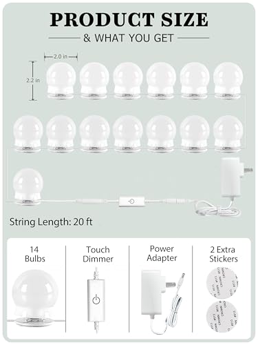 Image of Waneway 14 Bulb Vanity Lights for Mirror, Plug-in Power Adapter & Touch Dimmer, 6,000K, 1350 Lumens (Mirror Not Included)