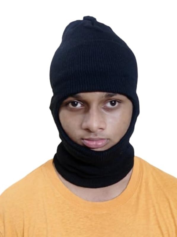 Men and Women Monkey Beanie Cap for Winter | Stylish Skull Cap with Neck Scarf Balaclava Face Sun Dust Wind Protect Black Cap