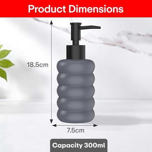 Image of Rioware Ceramic Soap Dispenser Hand Wash Bottles for Basin | Multipurpose Refillable for Liquid Shampoo, Kitchen, Bathroom, and Household Use | 300Ml, Pack of 1 - Round Grey