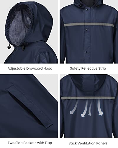 Axesquin Mens Long Raincoat With Hood Waterproof Rain Coats Lightweight Packable Outdoor Rain Jacket Rainwear Navy L #TOP4