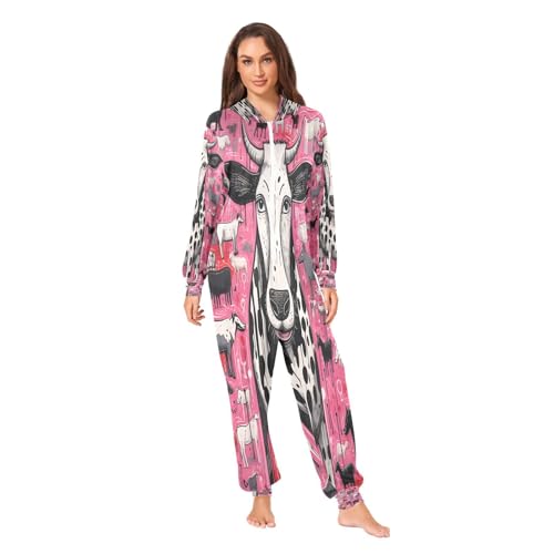 Pyjama une pièce costume combinaison vache rose vêtement de nuit à capuche pour adulte