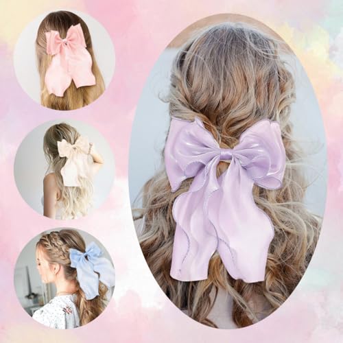 Image of PALAY 4 Pcs Bow Hair Clips for Women Girls Stylish Colorful Long Tail Ribbon Large Tulle Barrettes Vintage Style Elegant Hair Accessories for Woman Daily Wear