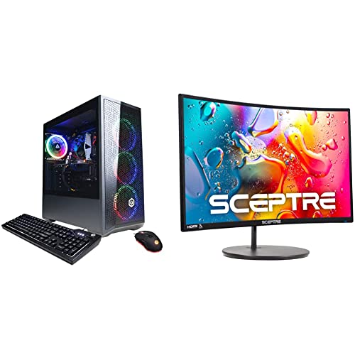 CYBERPOWERPC Gamer Xtreme Gaming PC, Intel Core i3-12100F 3.3GHz, AMD RX 6500 XT 4GB, 8GB DDR4, 500GB NVMe PCIe SSD, WiFi & Win 11 Home, Black & Sceptre 24' Curved 75Hz Gaming LED Monitor, Black 2019