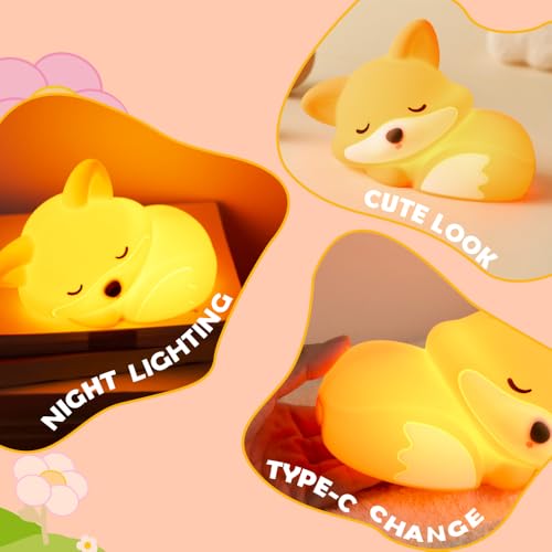 Image of S NMT Cute Silicone Fox Night Light for Kids, Rechargeable Sleeping Nursery Nightlights with Timing Function for Christmas Gift, Dimmable Beside Decoration Lamp