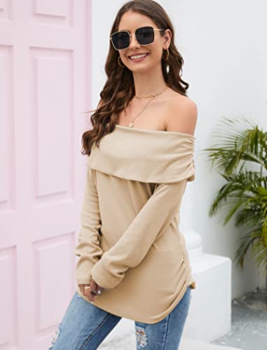 Famulily Women Sexy Off Shoulder Long Sleeve T-Shirt Basic Slim Fit Tops For Fall Beige Xl #TOP2