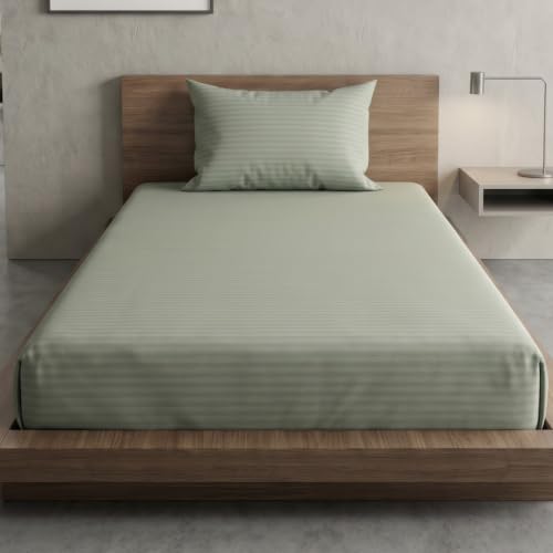 Image of Home Sizzler Microfibre Light Green Satin Stripe Elasticated Fitted Single Bedsheet (36x72 Inches) with 1 Pillow Cover
