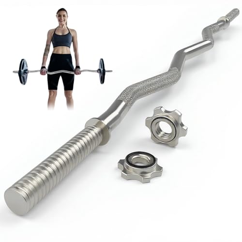 YIMITEE 47 Curl Bar with 2 Lock Collars Angled Weight Curling Bars Threaded Chrome Barbell for 1 Weight Plate Home Gym Strength Training Bar for Weightlifting Hip Thrust Squat Bicep Lunge Deadlift