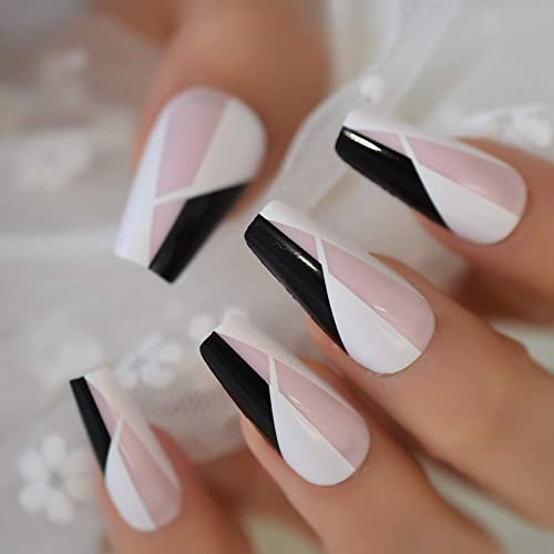 Coolnail Black White Ballerina French False Nails Irregular Pattern Modern Press On Glossy Acrylic Nails Tips for Women and Girls