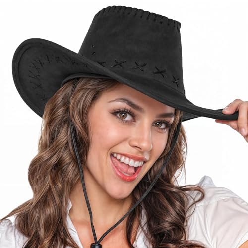 Black Leather Cowboy Hat for Men and Women – Unisex Adult Texan Cowgirl Hat Fancy Dress Party Accessory