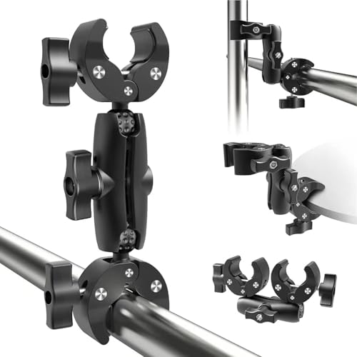 Soporte de Doble Abrazadera, Soporte Camara Accion, Abrazadera de Cámara Ajustable con Brazo Bola de 360°,Abrazadera Doble Cabeza para Gopro Insta360 Trípode Luces LED Paraguas Moto Manillar