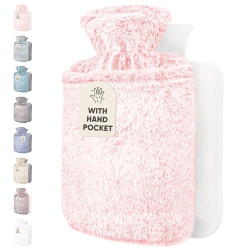 Qomfor Bouillotte avec Housse - Premium Douce et Peluche Housse - Capacité 1,8 L - Bouillotte Eau Chaude pour Soulager la Douleur - Bouillote Antifuite, Douce et Moelleusse (Rose)