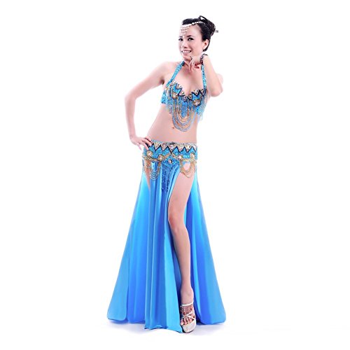 ROYAL SMEELA Professional Belly Dance Costume for Women, 3pcs, Light Blue Belly Dance Bra and Belt and Dancing Skirts, Sexy Belly Dancing Outfit, Extra Large Size